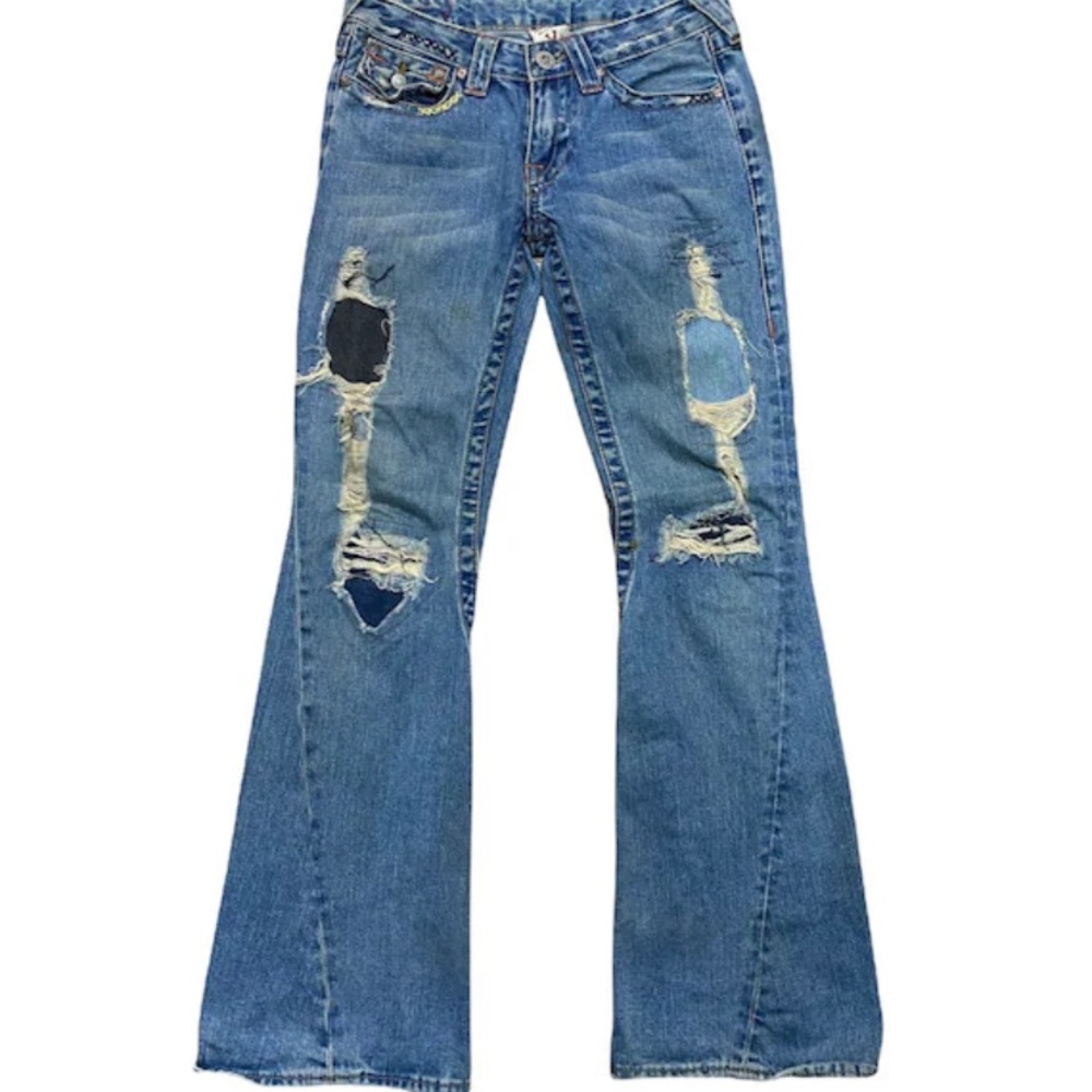 True Religion 90’s Vintage Low Rise Distressed Thrashed Flare Jeans Size 26
